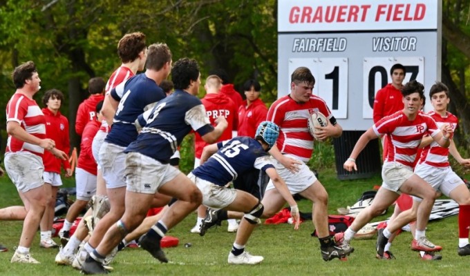 Fairfield Prep in red did well to run past Staples. Photo @coolrugbyphotos.