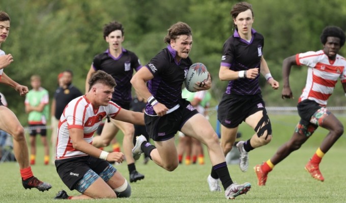 Brody Johnson, pictured here on his way to scoring in the 2023 HS National final, scored four tries for Gonzaga. Kate McAuliffe 