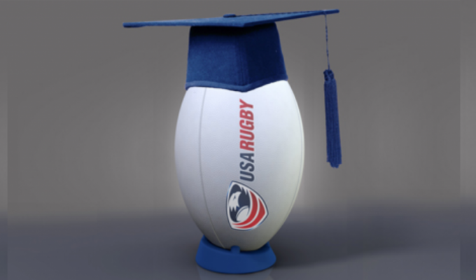 USA Rugby ball in a graduation cap