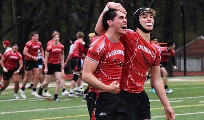 Greenwich players celebrate a try earlier this season.