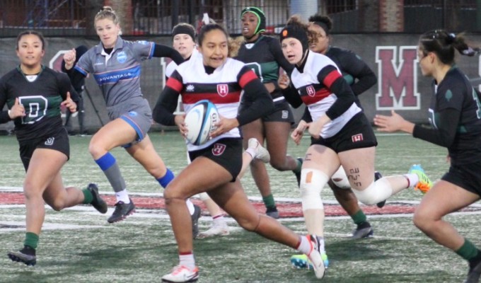 All-DI center Tiahna Padilla, Harvard, in the 2023 NIRA DI final against Dartmouth. Alex Goff photo.