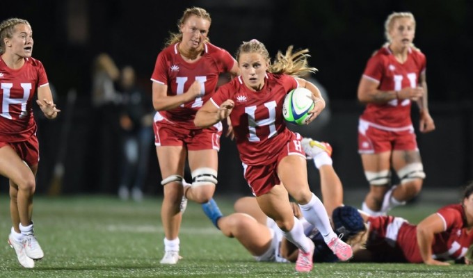 Cassidy Bargell powers ahead in an early-season match. Gil Talbot, Harvard Athletics, photo.