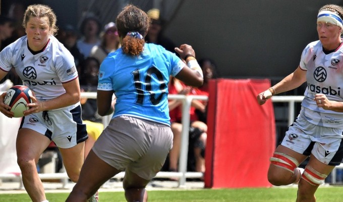 Emily Henrich and Eagle skipper Kate Zackary against Fiji earlier this summer. Photo David Hughes.