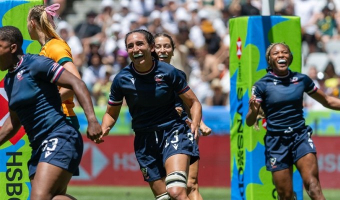 Nia Toliver, Sarah Levy, and Ariana Ramsey all smiles when they beat Australia. Photo Alex Ho for World Rugby.