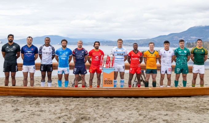 Men's team captains pose on the shores of English Bay. Photo Alex Ho and Zach Franzen for World Rugby.