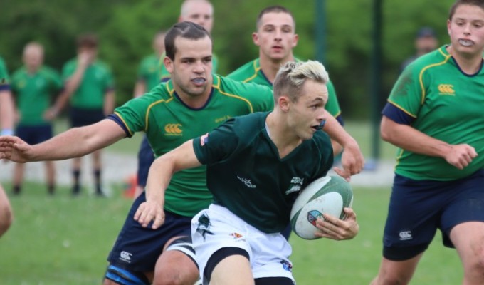 Pendleton's Jake Ehrgott is pursued by Royal Irish defenders. Photo credit Grant Koperczak. 