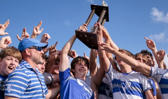 The Jesuit Blue Jays celebrate their win.