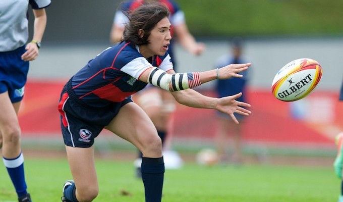 Jossie Tseng snaps the ball out for the USA in the 2014 Rugby World Cup. Ian Muir photo.