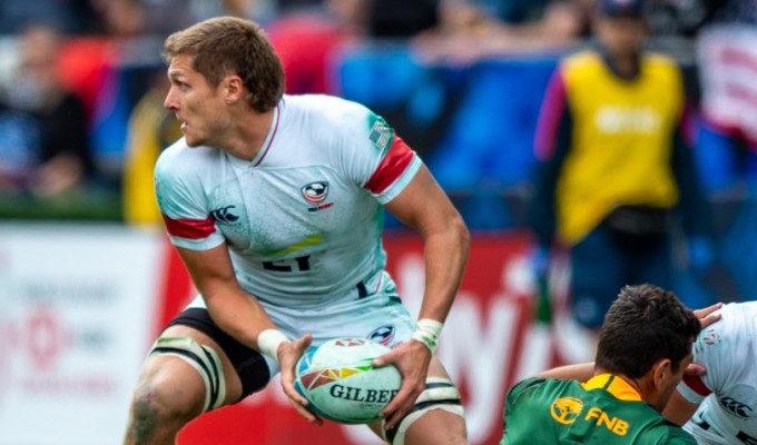 Joe Schroeder playing for the USA 7s team at the LA Sevens in 2020. David Barpal photo.