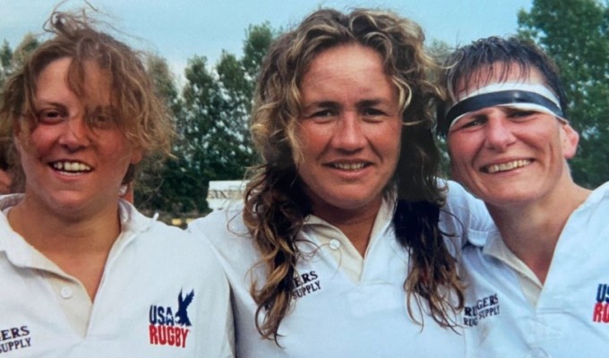MA Sorensen, center, with Eagle front-rowers Tricia Turton and Liz Kirk.