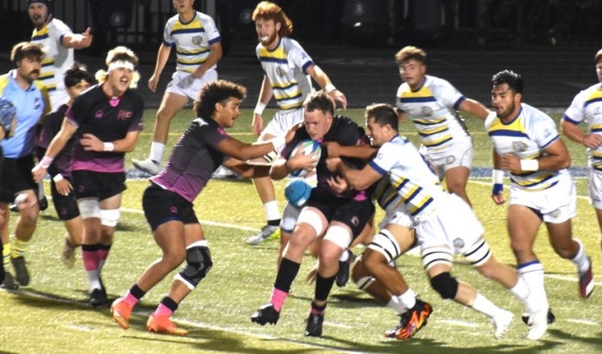 Marian's JD Farrell makes a tackle versus Rio Grande Saturday. Photo Marian Rugby.