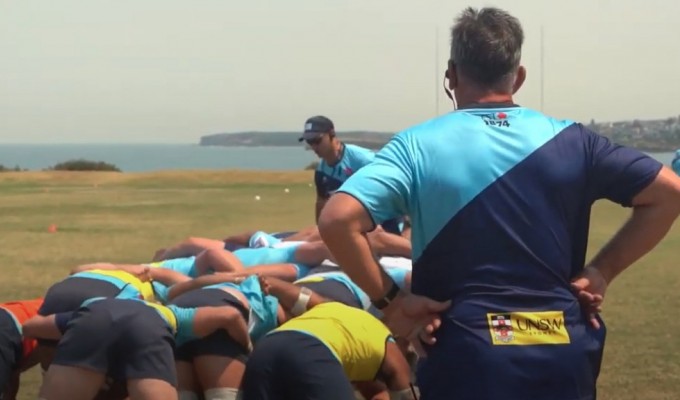 Mark Bell oversees the Waratahs' scrum training. Photo from Youtube.
