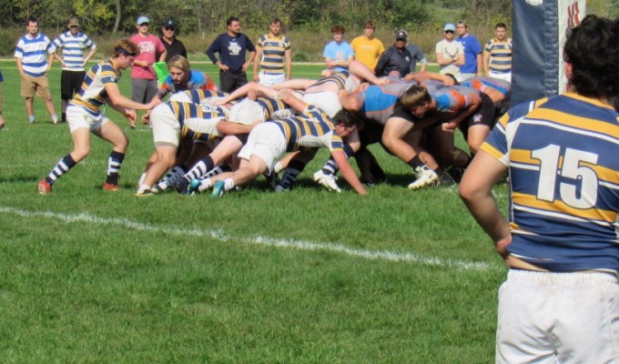 Marquette wins a scrum right on their tryline against UW-Platteville. Alex Goff photo.