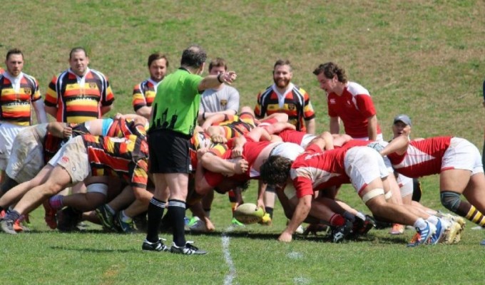 MetNY U23s in red scrum down vs Lansdowne.