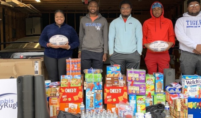 MICR volunteers collecting and donating food, and spreading the rugby word. Photo: MICR.