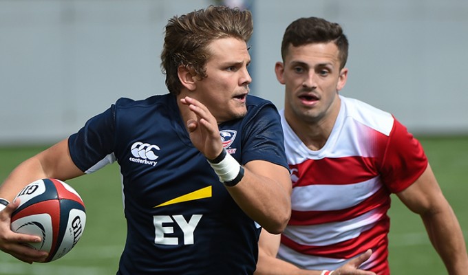 Conner Mooneyham playing for the collegiate All Americans last summer against Canadian Universities. USA Rugby photo.