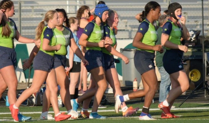 The Mountain View Varsity girls take the field. Rochelle Simmons photo.