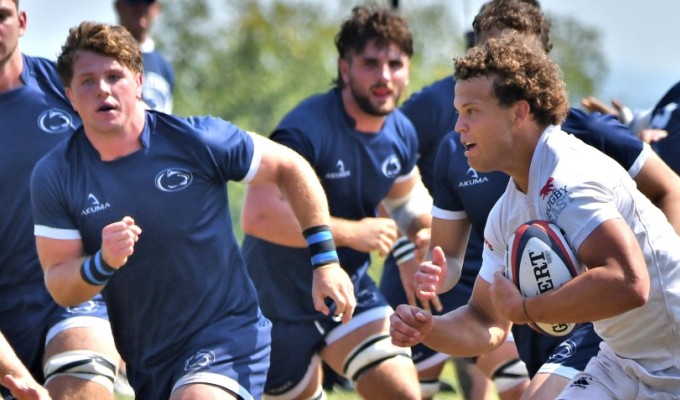 Mount St. Mary's center Evan Corbett is shadowed by Penn State hooker/loose forward Aidan King. David Hughes photo.