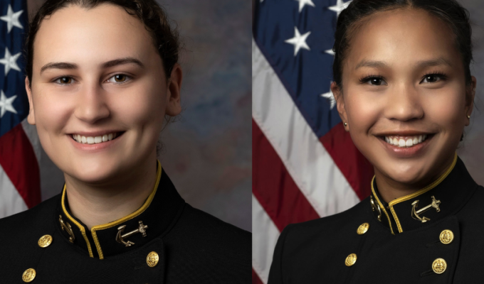 Marshall Scholar Charlotte d'Halluin, left, and Rhodes Scholar AJ Ward, right.