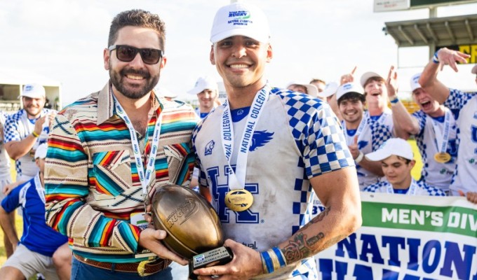 Brad Dufek during trophy time for Kentucky in Houston. Also, Brad Duffel's shirt.