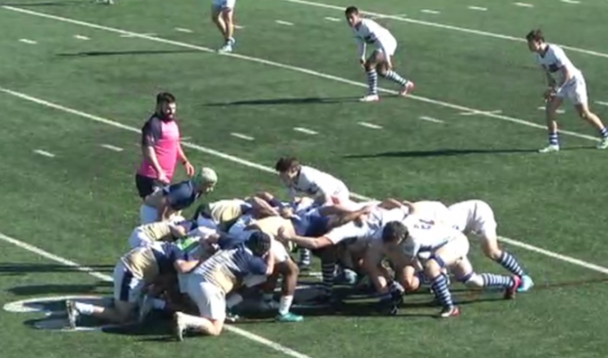 NOLA Jesuit in white scrums down vs Dallas Jesuit on Saturday.