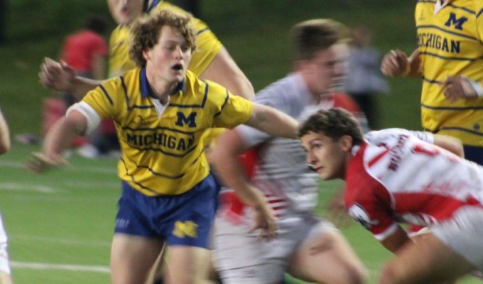 Ohio State captain and scrumhalf Jack Dulik sends the ball out for Ohio State. Alex Goff photo. 