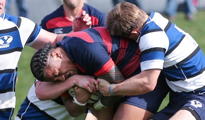 Payton Telea Ilalio charges ahead against BYU. Photo: Saint Mary's Rugby