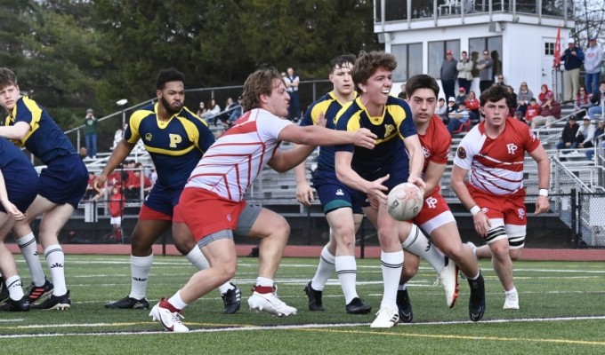 Pelham in blue, Fairfield Prep in red and white. Photo @CoolRugbyPhotos.