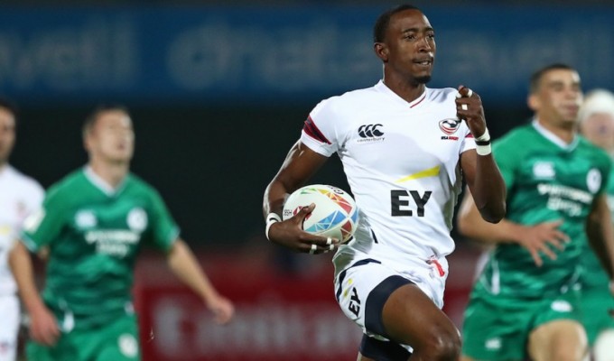 Perry Baker scored an early one for the USA against Ireland. Photo Mike Lee KLC fotos for World Rugby.