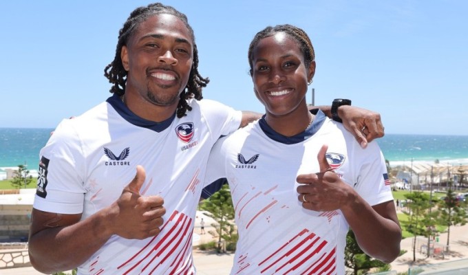 USA captains Kevon Williams and Naya Tapper. Photo Mike Lee KLC fotos for World Rugby.