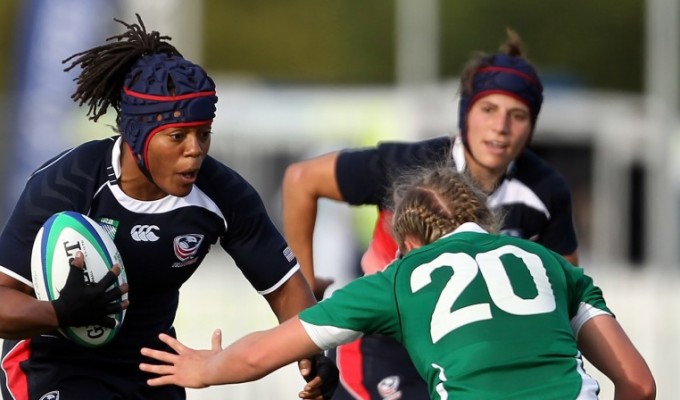 Phaidra Knight takes on a tackler against Ireland. Photo World Rugby