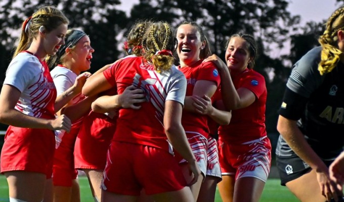 The Sacred Heart players celebrate Reese Torticill's third try against Army. Photo Gregory Vasil Iconic Sports Imagery.
