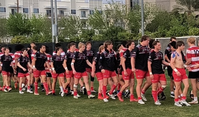 Regis Jesuit shaking hands with Brophy Prep on their Arizona tour. Alex Goff photo.