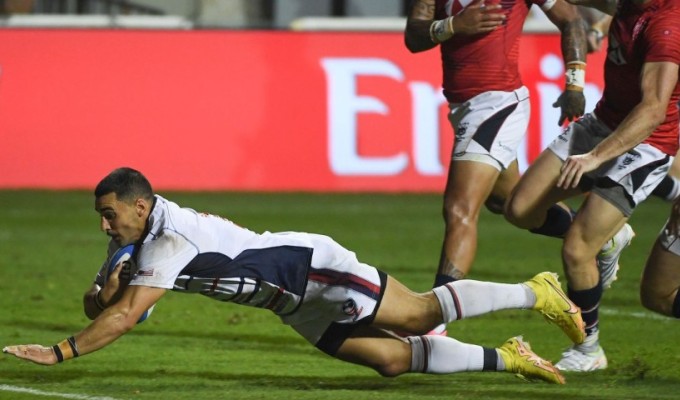 Nate Augspurger goes in for the try. Photo by Martin Dokoupil - World Rugby/World Rugby via Getty Images.