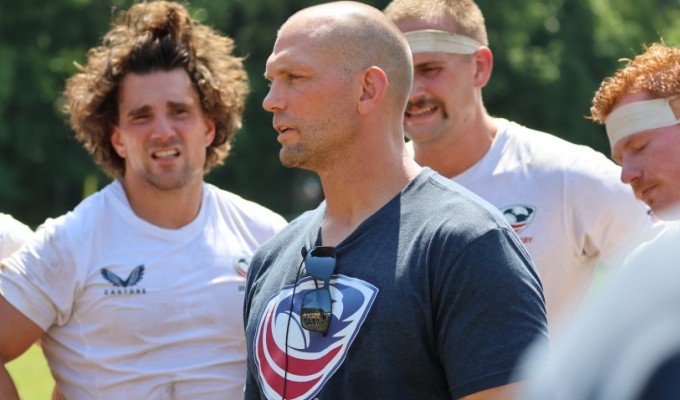 Scott Lawrence with the USA players on tour. Photo Calder Cahill for USA Rugby.