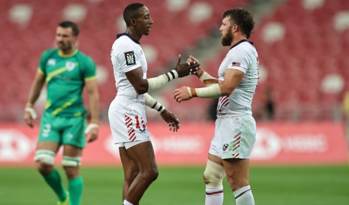 Perry Baker and Stephen Tomasin are happy to have edged Ireland. Photo Mike Lee KLC fotos for World Rugby.