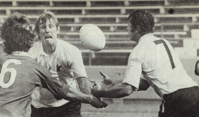 Skip Niebauer and Jeff Lombard (#7) battle for a loose ball with Joe Donaldson of Canada in 1979. Photo Rugby Magazine