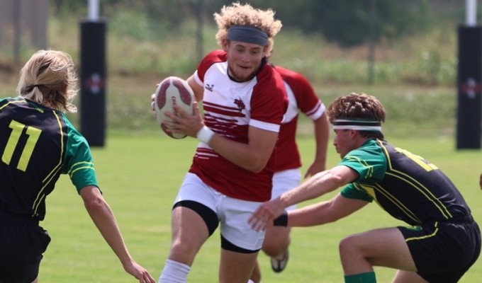 Dylan Shire engages the UMS&T defense for Southern Nazarene. Photo SNU Rugby.