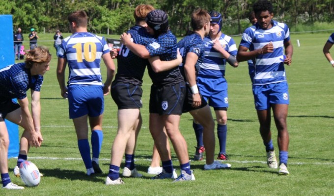 SOC Raptors players celebrate a key try. Alex Goff photo.