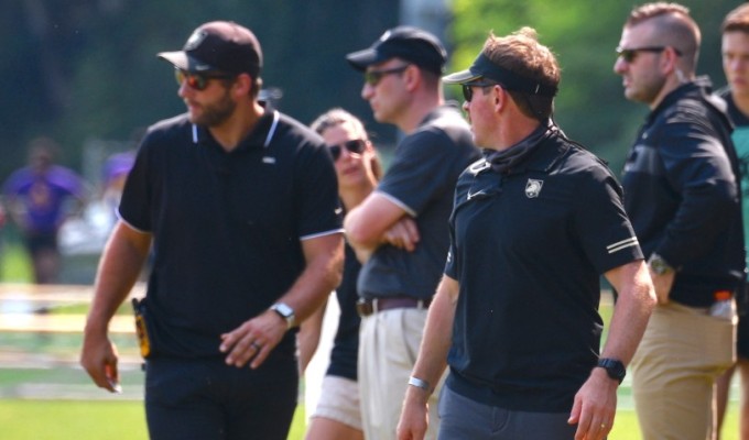 Kyle Sumsion, left, patrolling the sideline with Matt Sherman as coaches of West Point. Adam Smith photo.