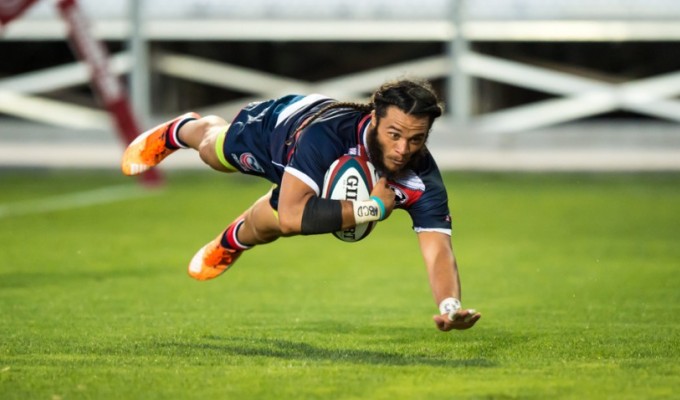 Mike Te'o scores against Russia in 2016. David Barpal photo.