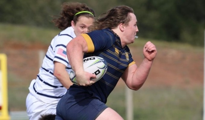 Jackson Zabierek, No. 8 and captain for UCSC, scored four tries over the weekend. Photo Midge Sellers Dallas.