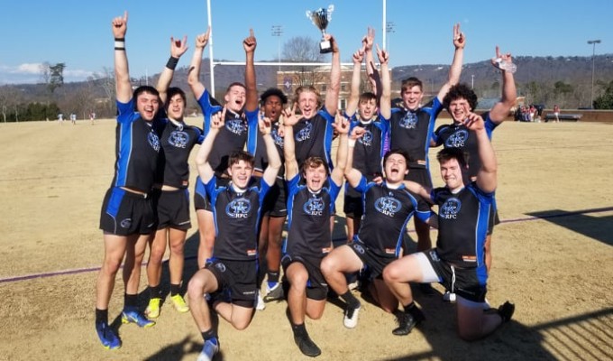 The Kentucky players celebrate winning the Furman 7s.