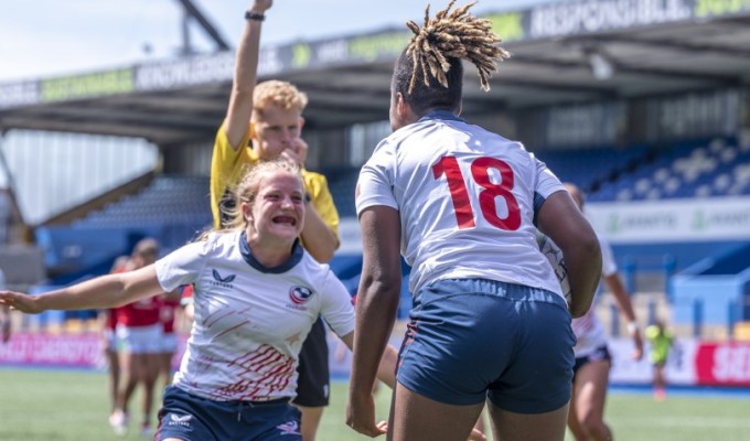 USA U18 Girls celebrating scoring vs Wales in 2024. Tim Anger photo.