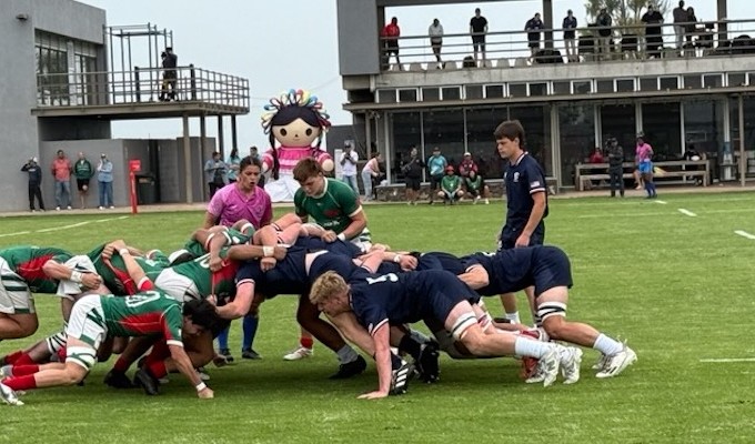 USA in blue scrumming down vs Mexico.