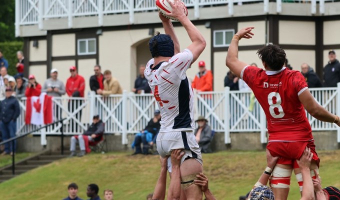 Babson's Brice Muller brings in a lineout throw for the USA U20s vs Canada. Photo USA Rugby.