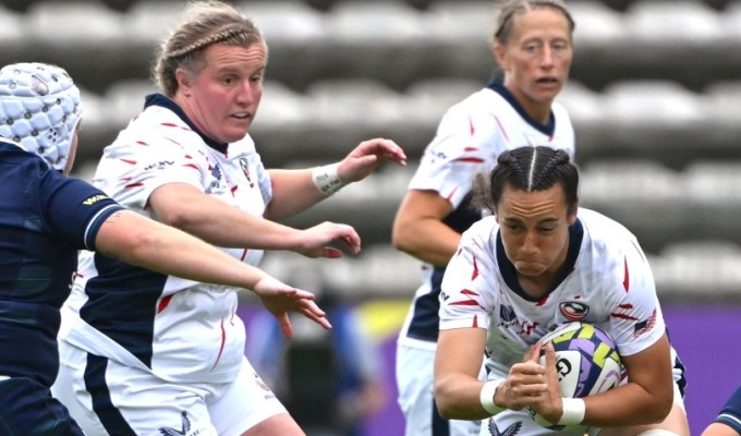 Lock Hallie Taufoou with ball. Katie Benson (left) earns her 40th cap. Photo Johan Rynners World Rugby via Getty Images.