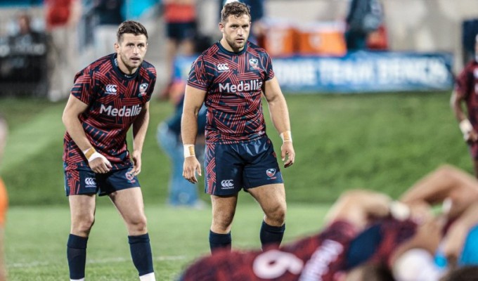 Bruce Campbell, right, and Will Magie watch the scrum take care of business. USA Rugby photo.