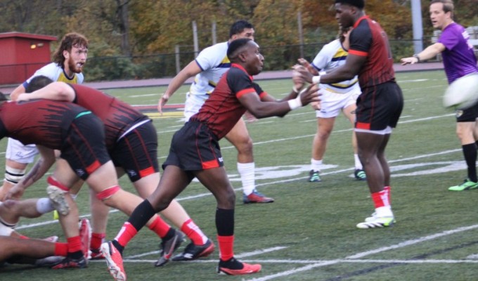 Wheeling scrumhalf Marvel Benza sends the ball out. Alex Goff photo.