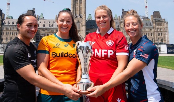 Pacific Four Captains Ruahei Demant (NZ), Michaela Leonard (Aus), Sophie de Goede (Can), Kate Zackary (USA. 